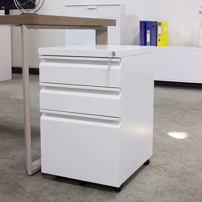 3 Drawer File Cabinet with Lock, Steel Mobile Filing Cabinet on Anti-tilt Wheels, Rolling Locking Office Cabinets Under Desk for Legal/Letter Size (White)