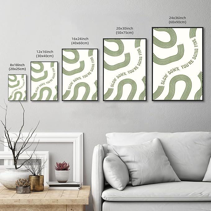 Slow Down You’re Doing Fine Wall Art Retro Minimalist Motivational Quote Music Poster Inspirational Midcentury Song Lyrics Sage Green Canvas Prints for Bedroom Home Decor 16x24inch Aluminum Framed