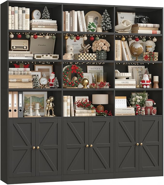 FACBOTALL 75" Triple Wide Bookshelf, Bookshelf and Bookcase with 6 Farmhouse Doors, 71" Wide 6 Tier Book Shelf with 18 Storage Shelves, Large Wooden Bookshelves, Tall Bookcase for Home Office, Black