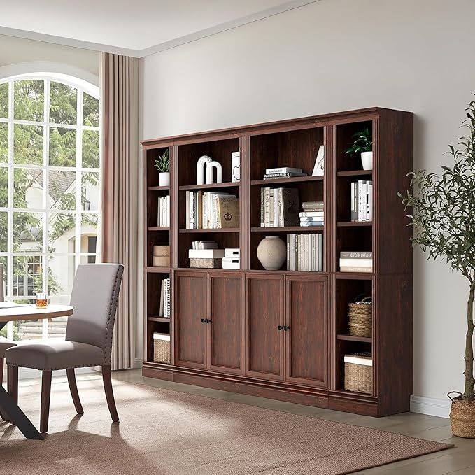 JAHRSTIM Halston Standard w/Doors Bookshelves and Bookcase Floor Standing 5 Tier Adjustable Shelves Organizer and Storage, 72in Tall Bookshelf for Home Office, Living Room, Bed Room, Kitchen, Cherry