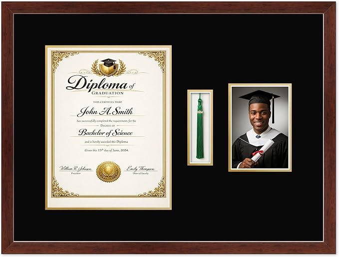 CountryArtHouse Diploma Tassel and Photo Shadowbox Fits 10 x 13 College Diploma (Portrait Traditional) Wi Rustic Walnut Genuine Hardwood with Black Over Metallic Gold Double mat