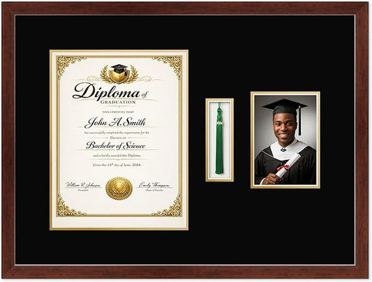 CountryArtHouse Diploma Tassel and Photo Shadowbox Fits 10 x 13 College Diploma (Portrait Traditional) Wi Rustic Walnut Genuine Hardwood with Black Over Metallic Gold Double mat