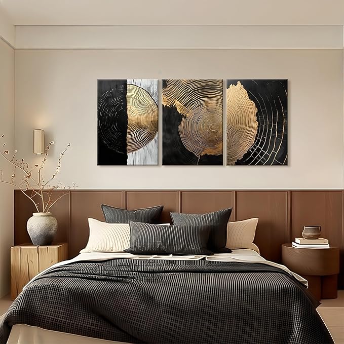 3Pcs Framed Minimalist Abstract Black Golden Canvas Wall Art Vintage Tree Ring Wall Decor Pictures Modern Rustic Posters Prints for Living Room Office Hallway Home Decoration 12x16in Ready to Hang