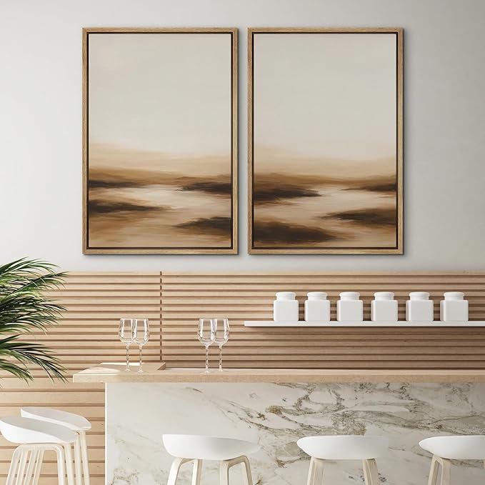 SIGNWIN Framed Canvas Print Wall Art Set Warm Brown Abstract Horizon Neutral Minimalist Landscape Illustrations Modern Art Decorative Multicolor for Living Room, Bedroom, Office - 16"x24"x2 Natural