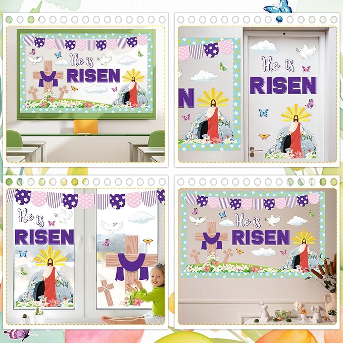 Easter Bulletin Board Decorations He is Risen Bulletin Board for Church Christian Jesus Classroom Decoration Spring Risen Cross Cutouts for Religious Sunday School Class Church Chalkboard Wall Decor