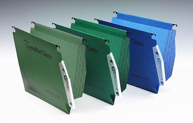 Rexel 275 Lateral Hanging Files with Tabs and Inserts, 15 mm V-Base, 100 Percent Recycled Manilla, Green, Crystalfile Classic, Pack of 50, 78652