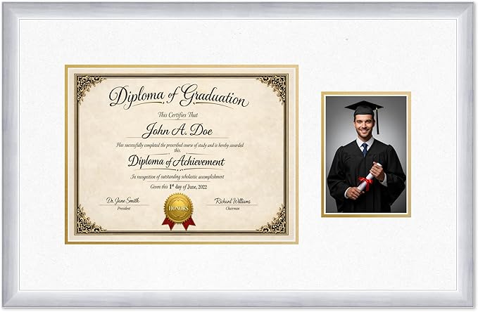 Diploma Frame With Photo Opening Stainless Silver Oyster Shell Over Gold Mat - Fits 13 x 10 Degree and Picture Made in the USA