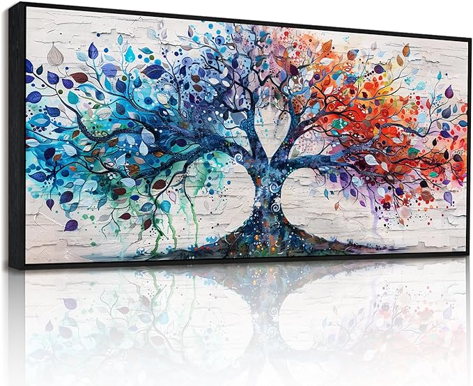 SERIMINO Oversized Large Tree of Life Wall Art for Living Room, Colorful Tree Painting Canvas Prints, Framed Artwork for Walls, Modern Nature Decor for Bedroom Office Hotel, 32"x71"