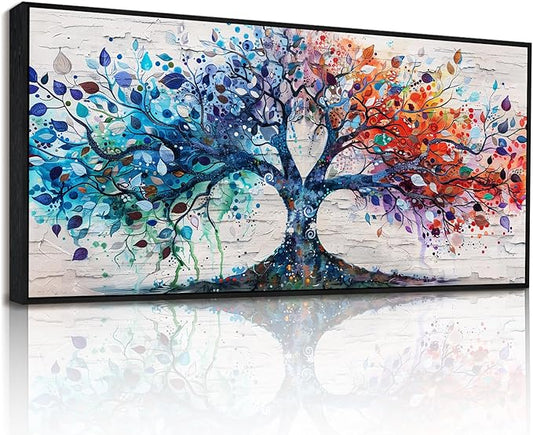 SERIMINO Oversized Large Tree of Life Wall Art for Living Room, Colorful Tree Painting Canvas Prints, Framed Artwork for Walls, Modern Nature Decor for Bedroom Office Hotel, 32"x71"