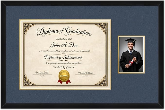 Diploma Frame With Photo Opening Matte Black Navy Blue Over Gold Mat - Fits 17 x 13 Degree and Picture Made in the USA