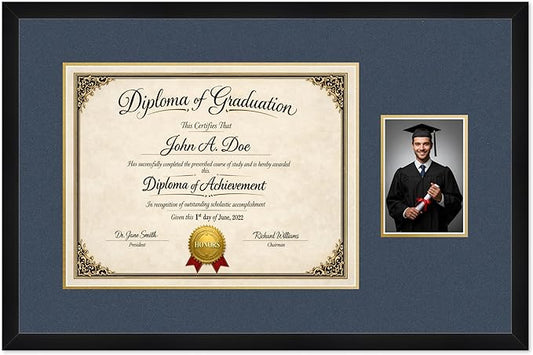 Diploma Frame With Photo Opening Matte Black Navy Blue Over Gold Mat - Fits 17 x 13 Degree and Picture Made in the USA