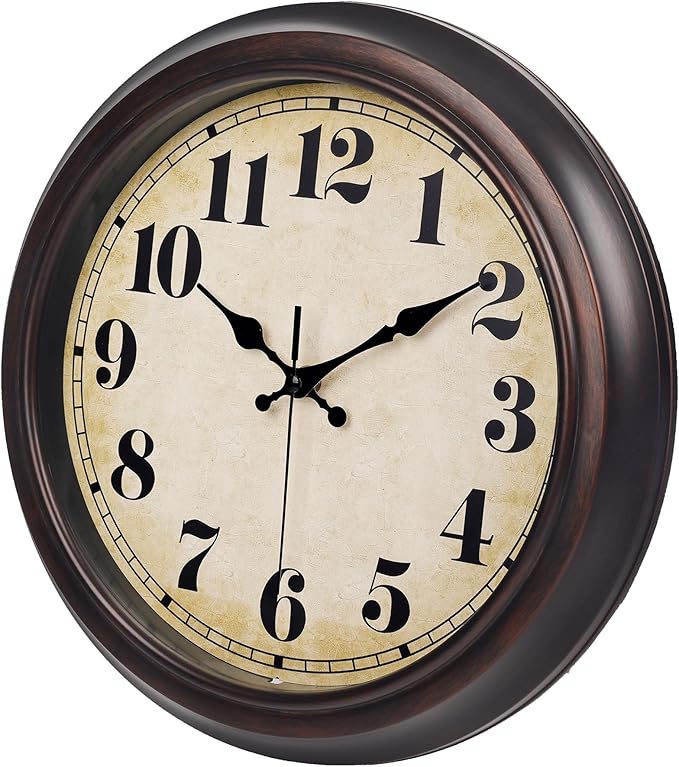 45MinST 13 Inch Red-Brown Vintage Large Wall Clock, Quartz, battery operated, Quiet Non-Ticking Accurate Movement with Bold Numerals, Elegant Home Decor