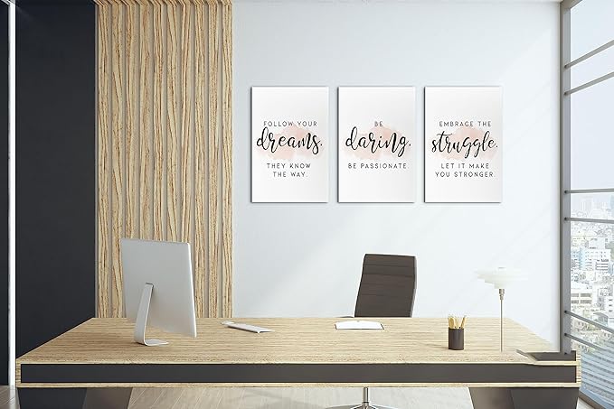 SHMAO Office Canvas Wall Art Motivational Wall Decor, 3 Piece Dreams Daring Struggle Print Pictures for Office Wall Decor Women Inspirational Framed Artwork Home Office Decor 12”x18”x3 Panels