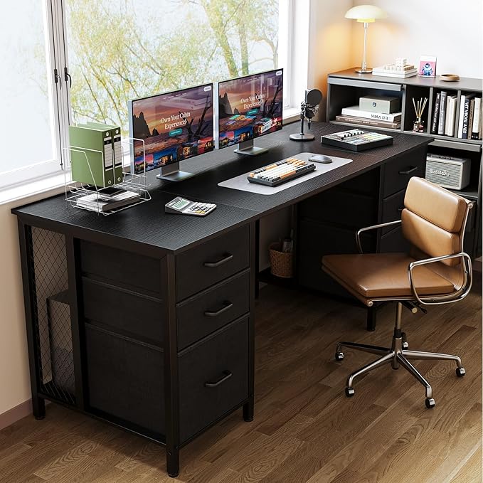 ODK 63 Inch Office Desk with 6 Fabric Drawers, Large Computer Desk for Home Office with Hidden Storage Shelves, Black