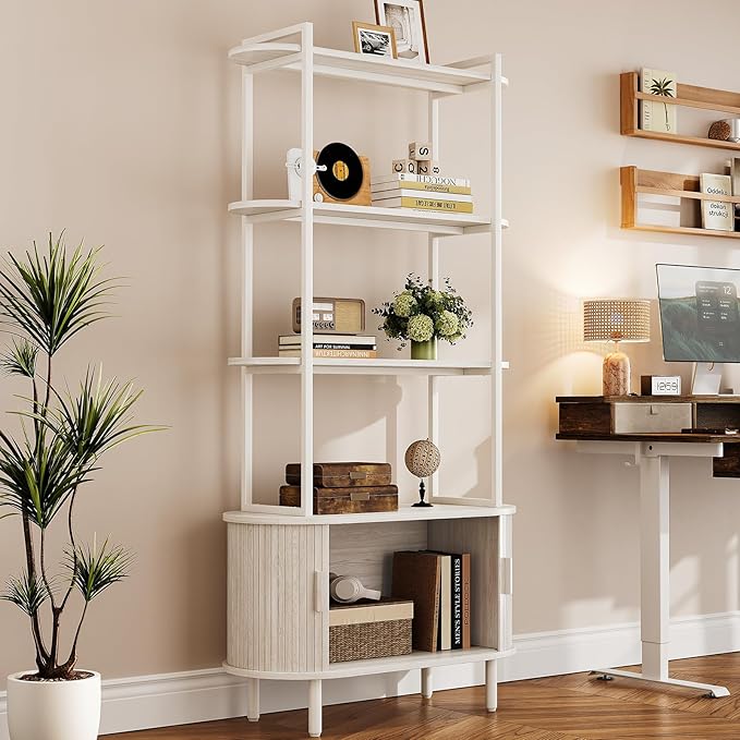 5 Tier Tall Bookshelf with Cabinet, Fluted Bookcase with Sliding Door, Metal and Wood Display Shelf, Free Standing Storage Shelving Unit, Corner Storage Organizer for Living Room, Home Office, White