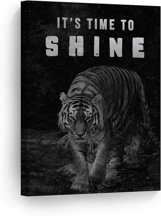 Smile Art Design It's Time to Shine Black and White Tiger Motivational Wall Art Canvas Print Inspirational Wall Art Entrepreneur Quote Modern Office Living Room Decor Gift Ready to Hang 17x11