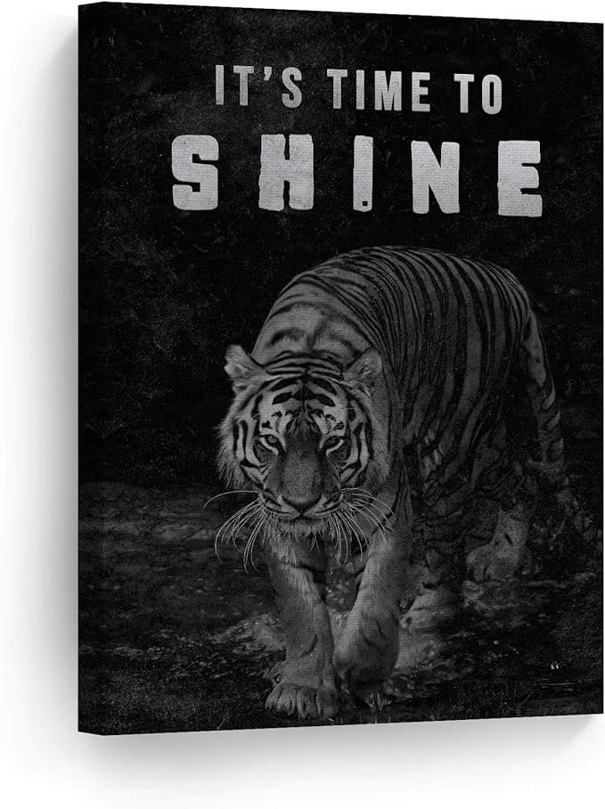 Smile Art Design It's Time to Shine Black and White Tiger Motivational Wall Art Canvas Print Inspirational Wall Art Entrepreneur Quote Modern Office Living Room Decor Gift Ready to Hang 12x8
