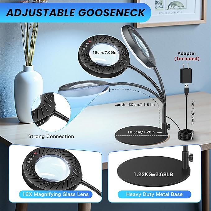 12X Magnifying Glass with Light and Stand, 144 LEDs Flexible Desktop Magnifying Lamp, 5 Color Modes 9 Dimmable Brightness, Metal Desk Magnifier Lamp for Craft Reading Painting Hobby Close Work