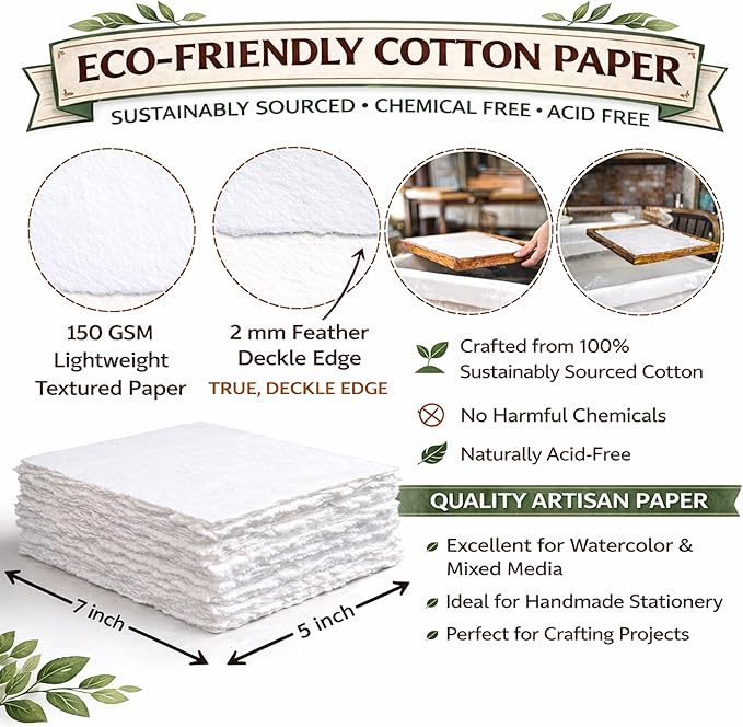 Handmade White Deckle Edge Blank Paper - 5x7 Inch Package of 50 - Mixed Media Loose Leaf Paper for Postcards, Invitations, Crafts and Announcements - Thick 150 GSM