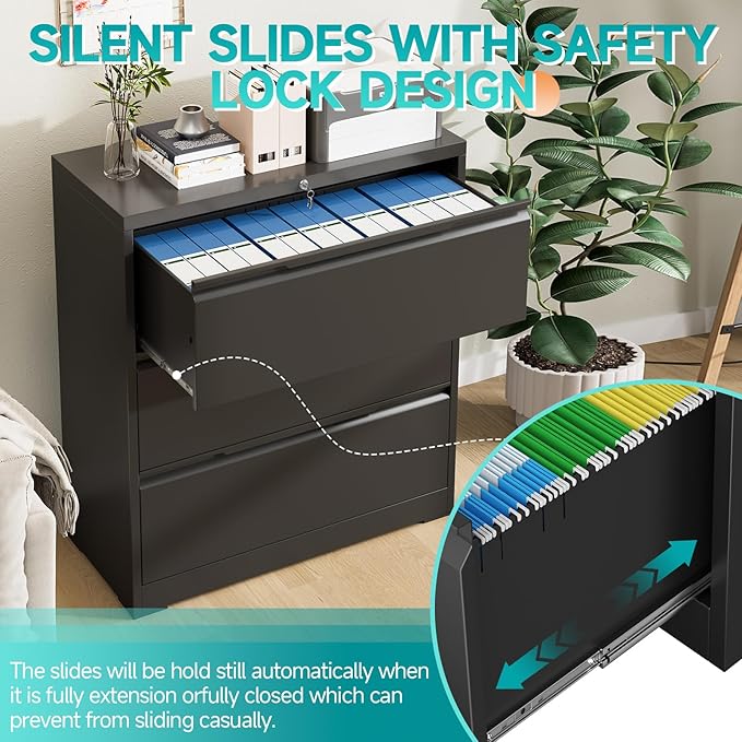 3 Drawer Lateral File Cabinet with Lock, Heavy-Duty Metal Filing Cabinet for Home Office, Steel Storage Compatible with Hanging Files Letter/Legal/F4/A4 Sizes (3 Drawer, Black)