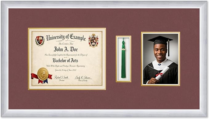 CountryArtHouse Diploma Tassel and Photo Shadowbox Fits 10 x 8 Professional License with Tassel Hoo Stainless Silver Genuine Hardwood with Dark Red Over Metallic Gold Double mat