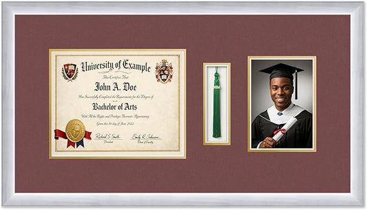 CountryArtHouse Diploma Tassel and Photo Shadowbox Fits 10 x 8 Professional License with Tassel Hoo Stainless Silver Genuine Hardwood with Dark Red Over Metallic Gold Double mat