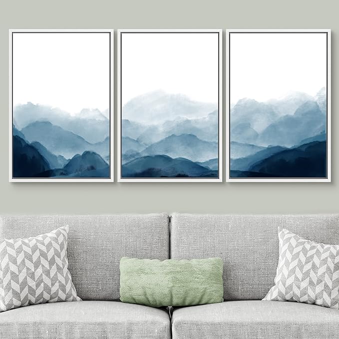 SIGNWIN Framed Canvas Print Wall Art Blue Watercolor Mountains in Fog Nature Wilderness Modern Art Rustic Cool for Living Room, Bedroom, Office - 16"x24"x3 White