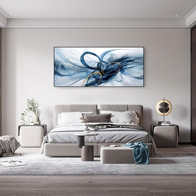 XLSJERST Abstract Wall Art for Living Room - Extra Large 86x39 Inches Canvas Frame Wall Decor Blue Picture Artwork for Bedroom Office Home Decoration