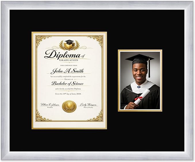 CountryArtHouse Fits 8.5 x 11 Certificate (Portrait) and 5 x 7 Photo Diploma and Photo Frame Stainless Silver Genuine Hardwood with Black Over Metallic Gold Double mat
