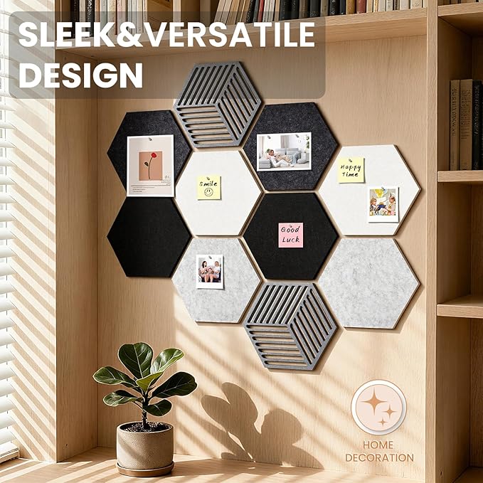 Hexagon Cork Bulletin Boards for Walls Decor, 10 Pack Felt Board Tiles with 25 Push Pins, Photo Display Board for Office & Home Classroom DIY Decor