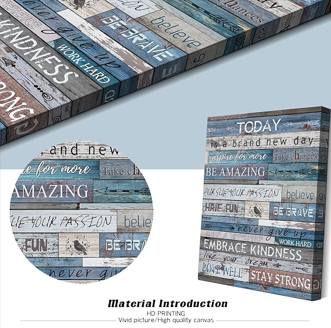 WOWGOOMO Blue Inspirational Canvas Wall Art for Office Positive Quotes Wall Decor Rustic Wood Grain Motivational Theme Poster for Bedroom Classroom Home Walls Framed Office Artwork for Men Teens 12x16