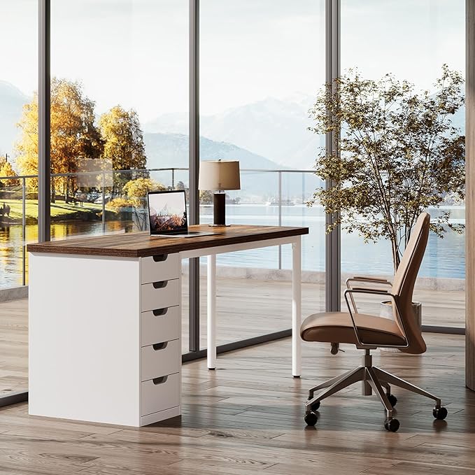 Tribesigns Modern Simple Computer Desk, 47 Inches PC Desk with 5 Reversible Drawers, Rustic Brown Study Writing Table Workstation for Home Office Small Spaces (Brown+White)