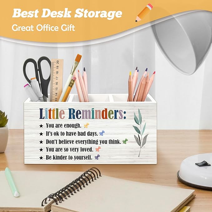 Little Reminders Inspirational Pen Holder Organizer for Desk Accessories, Positive Gifts, Mental Health Motivational Wooden Box Sign Desk Decorations for Home Bedroom Office Decor
