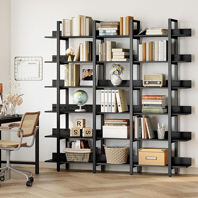 IRONCK Bookcase and Bookshelves Triple Wide 6 Tiers Large Open Shelves, Etagere Bookcases with Back Fence for Home Office Decor, Easy Assembly