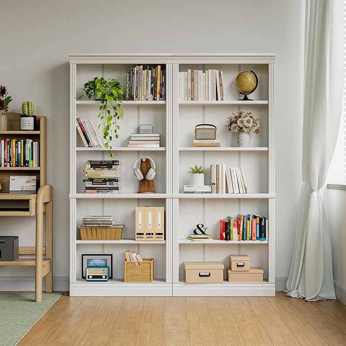 Shahoo 72" Bookcase and Bookshelf, 5-Tier Wood Bookcases with Shelves, Tall Floor Standing Book Shelf Storage Cabinet Home Decor Furniture for Living Room, Home Office 2 Pcs, White