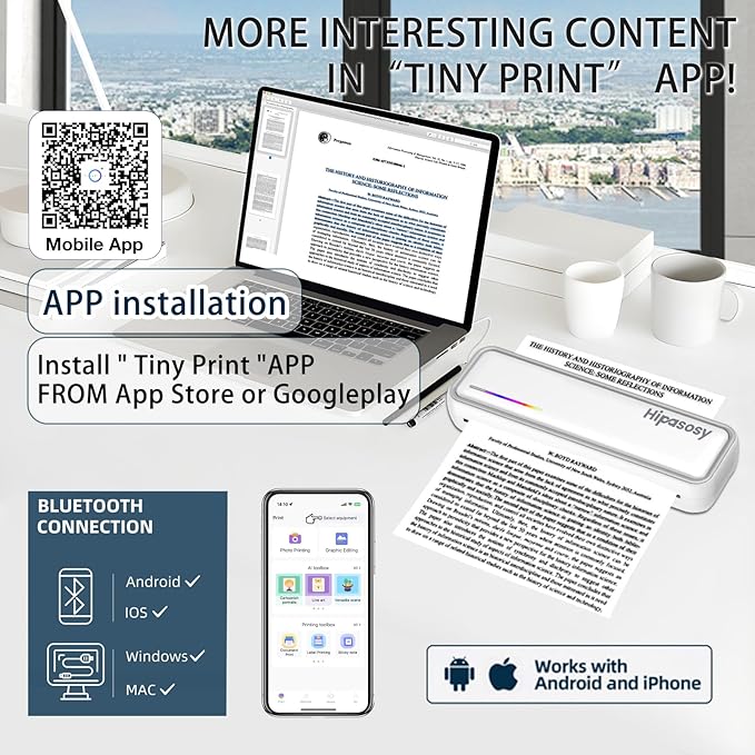 Portable Thermal Wireless Printers for Home Use, Inkless-Bluetooth-Printer Support for A4 Size Compatible with iOS, Android & Laptop for Tattoo,Travel,Office（White with 6Rolls Thermal Paper