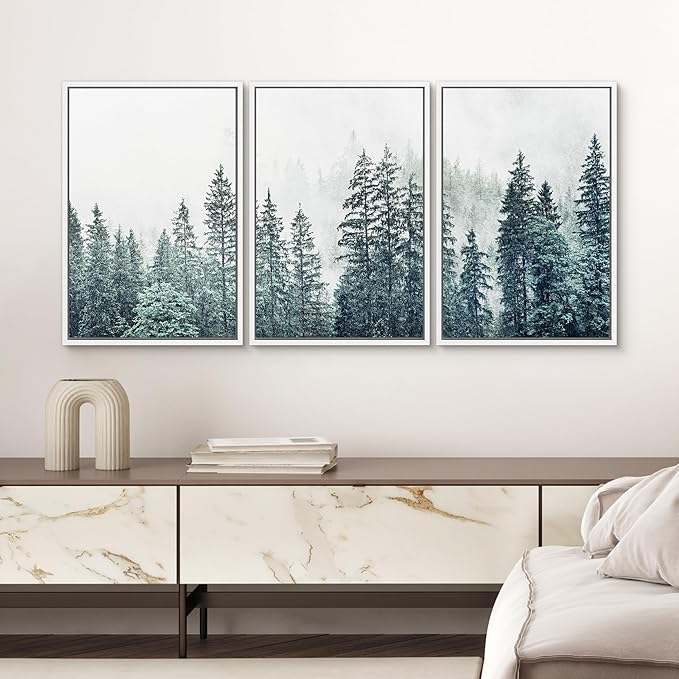 SIGNWIN Framed Canvas Print Wall Art Woodland Nursery Decor Set Film Grain Misty Mountain Pine Trees Nature Wilderness Modern Art Chic Landscape for Living Room, Bedroom, Office - 24"x36"x3 White