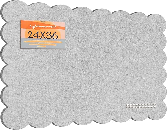 Scalloped Bulletin Board, 36 x 24 Inches Felt Pin Board - Decorative Cork Alternative for Wall, Foldable Picture Self-Adhesive Vision Prayer Board with 20 Pushpins - Light Gray