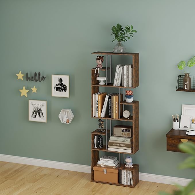 Manora 4 Tier Geometric Bookcase, S Shaped Bookshelf, Modern Black Brown Bookcase with Tall Display Shelves, Decorative Storage Shelf for Living Room and Bedroom,Dark Brown
