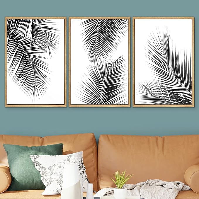 SIGNWIN 3 Piece Framed Canvas Wall Art Black and White Tropical Leaves Canvas Prints Home Artwork Decoration for Living Room,Bedroom - 16"x24"x3 Natural