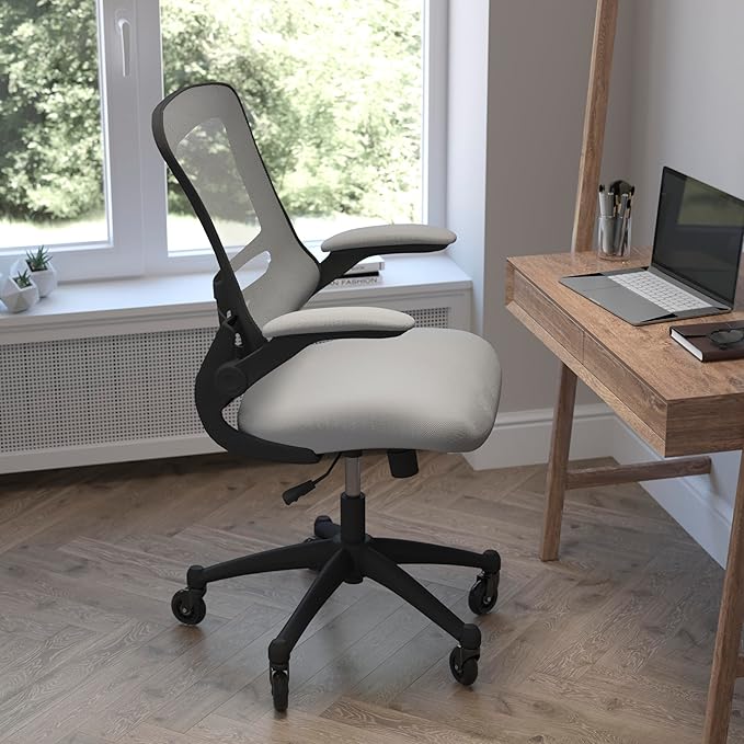 Flash Furniture Kelista Mid-Back Dark Gray Mesh Swivel Ergonomic Task Office Chair with Flip-Up Arms and Transparent Roller Wheels