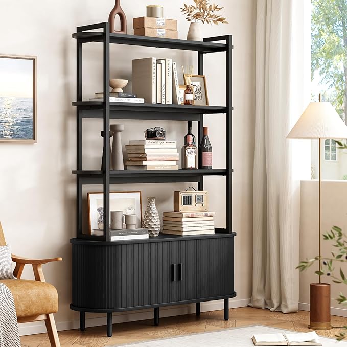 ONBRILL 71" Tall Bookshelf, 4-Tier Book Shelf with Storage Cabinet, Modern Bookcase with Sliding Door and Adjustable Footpad, Freestanding Storage Organizer Bookshelf for Living Room, Bedroom, Black