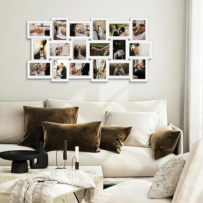 J.M.Deco Collage Picture Frames for Wall Decor, 18-Opening Family Picture Frame Set, One-Piece Photo Frames for Living Room, Bedroom, Gallery, Pure White
