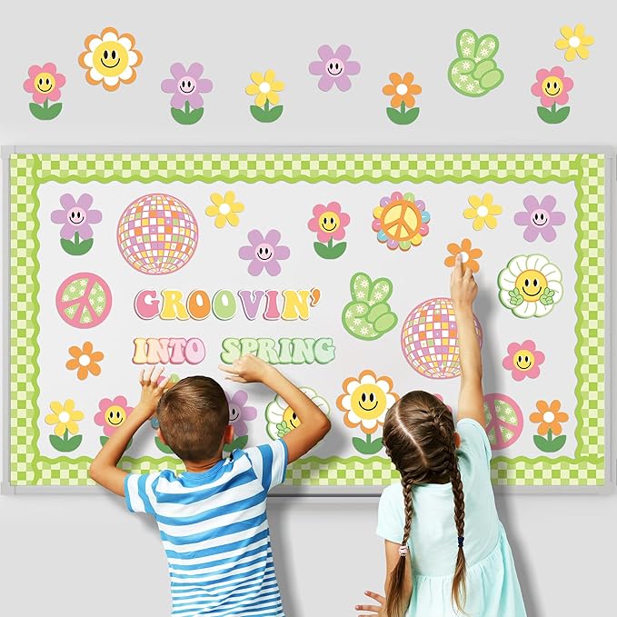 Xqumoi Retro Groovin' Into Spring Bulletin Board Decorations - 86Pcs Groovy Hippie Boho Spring Flowers Cutouts Name Tags Checkerboard Boarder Trim School Classroom Home Office Chalkboard Wall Decor