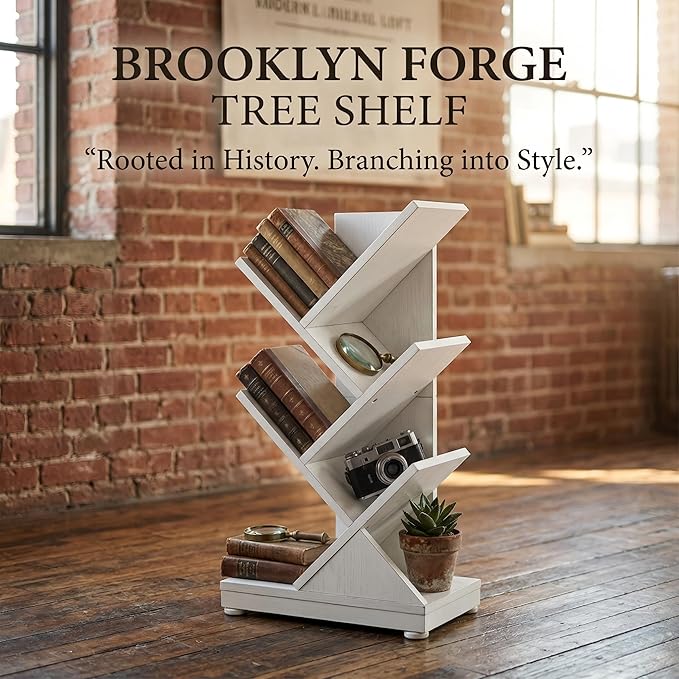 ruboka Tree Bookshelf, Retro Floor Standing Bookcase Display for CDs/Magazine/Books,Small Bookshelf for Bedroom,Living Room,Office,Balcony,Brown Storage Shelves (White, 5 Tier)