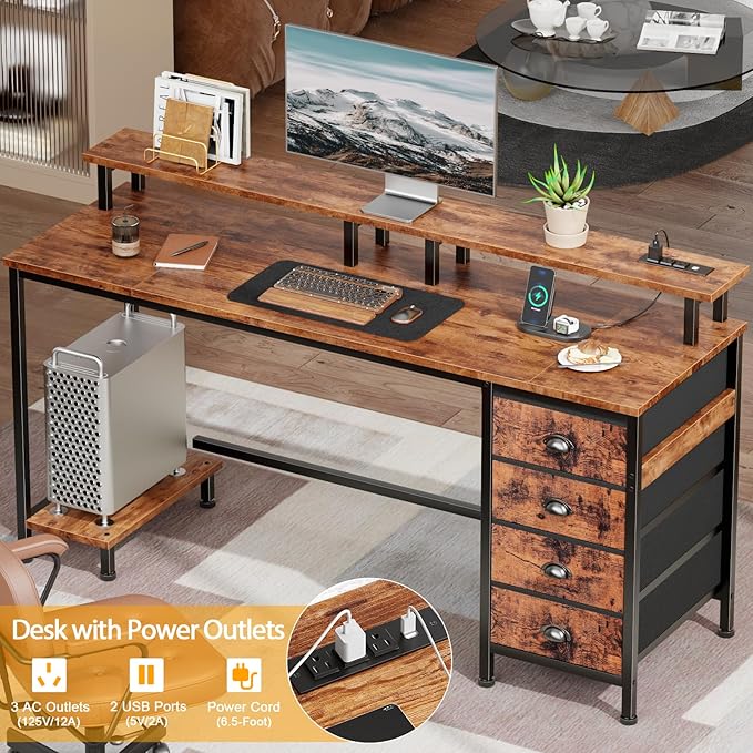 Furologee Computer Desk with Power Outlets & LED Lights, 55 Inch Reversible Gaming Desk with Full Monitor Stand, Home Office Table with 4 Fabric Drawers, Study Table for Bedroom, Rustic Brown
