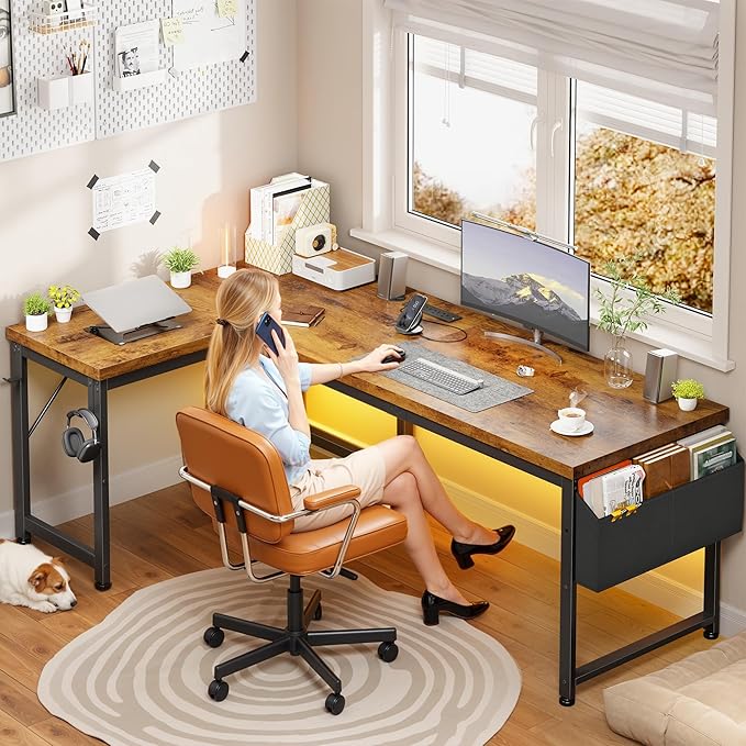 63" L Shaped Desk with Power Outlets and USB-C Port, Reversible Computer Desk, Larger Office Corner Gaming Desk with LED, 0.95" Thicker Desktop, Metal Frame, for Home Office, Study,Brown