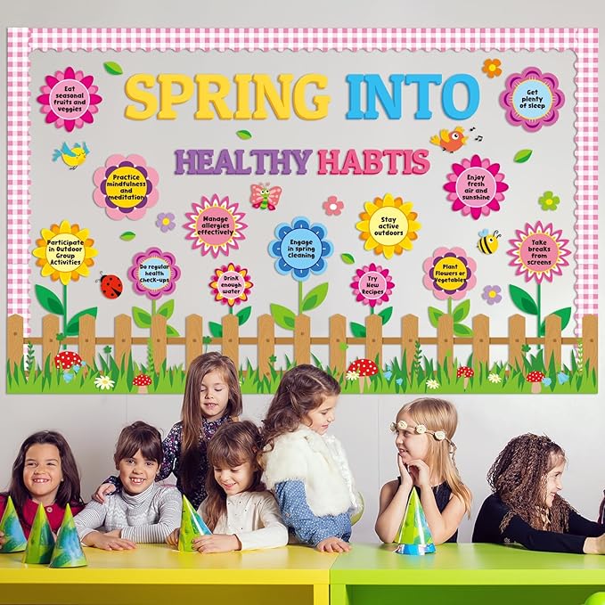 gisgfim Spring Healthy Bulletin Board Set Spring Theme Flowers Classroom Decorations Spring Into Healthy Habits Paper Cutouts for Classroom School Office Home Nursery Chalkboard Door Wall Decor