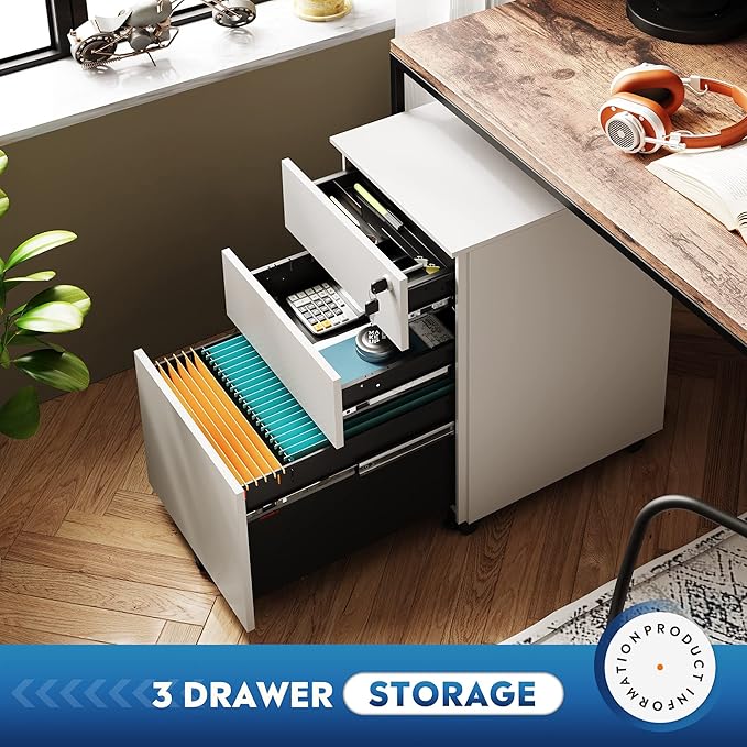 DEVAISE 3 Drawer Locking File Cabinet, Under Desk Metal Filing Cabinet for Legal/Letter/A4 File, Fully Assembled Except Wheels, White