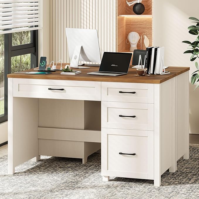 Vabches Farmhouse 47" Executive Desk, Computer Desk with File Drawer and Charging Station, Workstation for Home Office, Study,(Unique White).